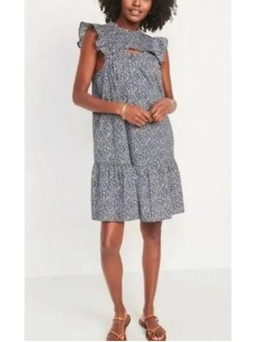Old Navy Dress Womens 3X Blue Ditzy Floral Flutter Sleeve Smocked Ruffle Flirty